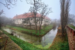 A casa senhorial moated na cidade do mercado de Guntersdorf em um dia de inverno nevoento Baixa Áustria fotos de stock A casa senhorial moated na cidade do mercado de Guntersdorf em um dia de inverno nevoento Baixa Áustria fotos de stock