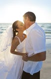 Casal que beija no casamento de praia do por do sol fotografia de stock royalty free Casal que beija no casamento de praia do por do sol fotografia de stock royalty free