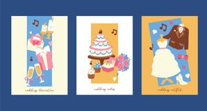 Casarse el ejemplo del vector de las tarjetas de la invitación Decoración, tortas, equipos para la novia y novio del matrimonio c stock de ilustración Casarse el ejemplo del vector de las tarjetas de la invitación Decoración, tortas, equipos para la novia y novio del matrimonio c stock de ilustración