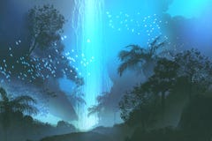 Cascada azul en el bosque, pintura de paisaje ilustración del vector Cascada azul en el bosque, pintura de paisaje ilustración del vector