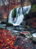 Cascada hermosa en bosque del otoño en montañas crimeas en el sol Fotos de archivo libres de regalías Cascada hermosa en bosque del otoño en montañas crimeas en el sol Fotos de archivo libres de regalías