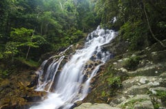 cascada tropical de conexión en cascada que sorprende roca mojada y cubierta de musgo, rodeada por la selva tropical verde fotografía de archivo libre de regalías cascada tropical de conexión en cascada que sorprende roca mojada y cubierta de musgo, rodeada por la selva tropical verde fotografía de archivo libre de regalías