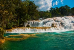 Cascate di Cascadas de Agua Azul Agua Azul yucatan mexico fotografia stock libera da diritti Cascate di Cascadas de Agua Azul Agua Azul yucatan mexico fotografia stock libera da diritti