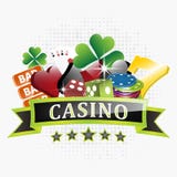 Casino illustration with chips, card symbols, playing cards, dice and lucky seven symbol. Royalty Free Illustration Casino illustration with chips, card symbols, playing cards, dice and lucky seven symbol. Royalty Free Illustration