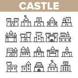 Castillo, sistema linear de los iconos del vector de los edificios medievales stock de ilustración Castillo, sistema linear de los iconos del vector de los edificios medievales stock de ilustración