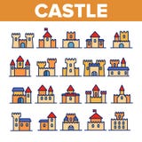 Castle, μεσαιωνικά γραμμικά διανυσματικά εικονίδια κτηρίων καθορισμένα ελεύθερη απεικόνιση δικαιώματος Castle, μεσαιωνικά γραμμικά διανυσματικά εικονίδια κτηρίων καθορισμένα ελεύθερη απεικόνιση δικαιώματος
