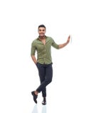 Casual business man happy smile young handsome guy hand on wall full length stock photography Casual business man happy smile young handsome guy hand on wall full length stock photography