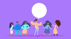 Casual people group chat bubble together man woman character diversity poses male female violet background full length Royalty Free Illustration Casual people group chat bubble together man woman character diversity poses male female violet background full length Royalty Free Illustration
