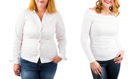 Casual woman before and after weight loss, isolated on white