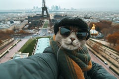 A cat in autumn clothes and glasses takes a selfie in Paris. The concept of travel