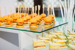 Catering Table With Dishes And Snacks On The Business Event In The Hotel Hall. Service At Business Meeting, Party, Weddings. Selec Stock Photos Catering Table With Dishes And Snacks On The Business Event In The Hotel Hall. Service At Business Meeting, Party, Weddings. Selec Stock Photos