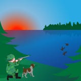 Caça com um cão no amanhecer no lago ilustração do vetor Caça com um cão no amanhecer no lago ilustração do vetor