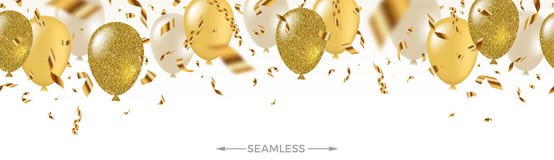 Celebratory seamless banner - white, yellow, glitter gold balloons and golden foil confetti.