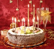 Celebratory Table (cake And Candles, Two Glasses With Champagne, Gift Boxes) On Red Stock Images Celebratory Table (cake And Candles, Two Glasses With Champagne, Gift Boxes) On Red Stock Images
