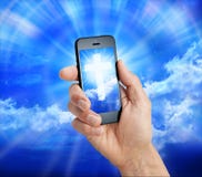 Cell Phone Christian Cross. A hand holding a cell phone with a cross and sky on the screen stock illustration Cell Phone Christian Cross. A hand holding a cell phone with a cross and sky on the screen stock illustration