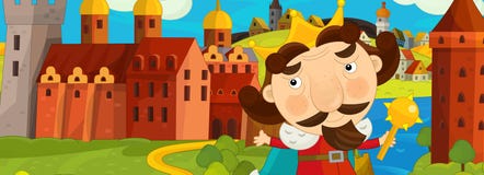 Cena medieval com o rei na frente de seu castelo - imagem dos desenhos animados para contos de fadas diferentes Fotografia de Stock Royalty Free Cena medieval com o rei na frente de seu castelo - imagem dos desenhos animados para contos de fadas diferentes Fotografia de Stock Royalty Free