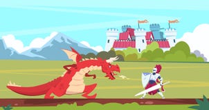 Cena medieval dos desenhos animados Car?teres lisos do conto de fadas da luta, do monstro e do pr?ncipe do guerreiro do drag?o e ilustração royalty free Cena medieval dos desenhos animados Car?teres lisos do conto de fadas da luta, do monstro e do pr?ncipe do guerreiro do drag?o e ilustração royalty free