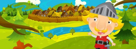 Cena na vila velha - aldeões felizes dos desenhos animados completamente - fundo para o uso diferente - para o jogo ou o livro ilustração royalty free Cena na vila velha - aldeões felizes dos desenhos animados completamente - fundo para o uso diferente - para o jogo ou o livro ilustração royalty free