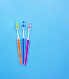 Cepillos de dientes multicolores en un fondo azul con el espacio de la copia imagen de archivo Cepillos de dientes multicolores en un fondo azul con el espacio de la copia imagen de archivo