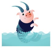 Cerdo del Capricornio con los cuernos y la cola de los pescados stock de ilustración Cerdo del Capricornio con los cuernos y la cola de los pescados stock de ilustración