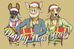 Cerdo del concepto del vector del Año Nuevo y dos perros stock de ilustración Cerdo del concepto del vector del Año Nuevo y dos perros stock de ilustración