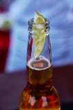 Cerveja gelado em uma garrafa com cal da cunha imagem de stock Cerveja gelado em uma garrafa com cal da cunha imagem de stock