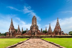 Chai Watthanaram temple ruins under blue sky. Ayutthaya, Thailand royalty free stock photography Chai Watthanaram temple ruins under blue sky. Ayutthaya, Thailand royalty free stock photography