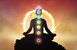 Chakras and meditating men in yoga lotus position. Mindfulness and self awereness practice. Silhiuette of meditation with chakras