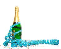 Champagneflaska med partibanderollen arkivbilder Champagneflaska med partibanderollen arkivbilder