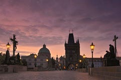 Charles Bridge Karluv Most and Old Town Tower at sunrise, Prague, Czech Republic. stock photo Charles Bridge Karluv Most and Old Town Tower at sunrise, Prague, Czech Republic. stock photo