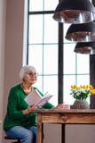 Charmante oma die aan iemand antwoorden die holdingsboek in hand roepen stock fotografie Charmante oma die aan iemand antwoorden die holdingsboek in hand roepen stock fotografie