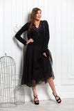 Charming girl dressed in a stylish black sweater and black full skirt poses against a white wall in the room royalty free stock image Charming girl dressed in a stylish black sweater and black full skirt poses against a white wall in the room royalty free stock image