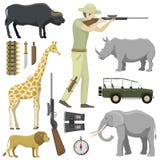 Chasseur de bande dessinée visant le fusil de chasse de l'Afrique de fusil avec la boussole, le fusil, les jumelles et la voiture illustration libre de droits Chasseur de bande dessinée visant le fusil de chasse de l'Afrique de fusil avec la boussole, le fusil, les jumelles et la voiture illustration libre de droits