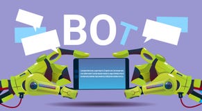 Chat Bot-Hände unter Verwendung des Zellintelligenten Telefons, Roboter-virtuelle Unterstützung von Website oder bewegliche Anwen Stockbild Chat Bot-Hände unter Verwendung des Zellintelligenten Telefons, Roboter-virtuelle Unterstützung von Website oder bewegliche Anwen Stockbild