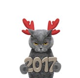 Chat mignon de Santa dans des andouillers de renne avec 2017 nombres de nouvelle année Image libre de droits