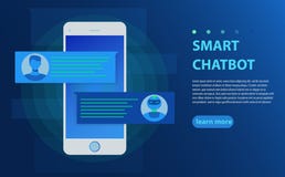 Chatbot and future marketing concept. Person chatting with chat bot in mobile phone vector illustration stock illustration Chatbot and future marketing concept. Person chatting with chat bot in mobile phone vector illustration stock illustration