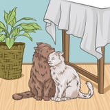 Chats mignons étreignant tout en se reposant à côté d'une table, illustration intérieure de vecteur de maison de style de vintage illustration libre de droits Chats mignons étreignant tout en se reposant à côté d'une table, illustration intérieure de vecteur de maison de style de vintage illustration libre de droits