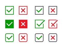 Check marks set. Green tick and red cross in different shapes. YES or NO accept and decline symbol. Vector icons for vector illustration Check marks set. Green tick and red cross in different shapes. YES or NO accept and decline symbol. Vector icons for vector illustration