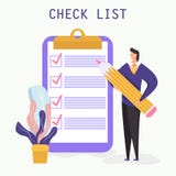Checklist with a tick mark. man holds a pencil and stay near giant clipboard. vector illustration Checklist with a tick mark. man holds a pencil and stay near giant clipboard. vector illustration