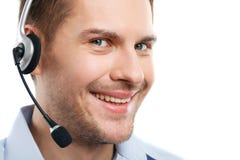 Cheerful customer service representative speaking into microphone royalty free stock photo Cheerful customer service representative speaking into microphone royalty free stock photo
