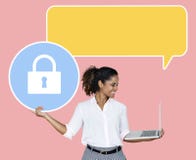 Cheerful woman with a laptop holding a padlock icon royalty free illustration Cheerful woman with a laptop holding a padlock icon royalty free illustration