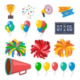 Cheerleading Icons Set Vector. Cheerleaders Accessories. Pompoms, Balloons, Confetti, Megaphone. Isolated Flat Cartoon Royalty Free Stock Photography Cheerleading Icons Set Vector. Cheerleaders Accessories. Pompoms, Balloons, Confetti, Megaphone. Isolated Flat Cartoon Royalty Free Stock Photography