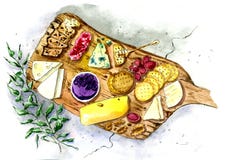 Cheese plate with honey and biscuits. Painted in watercolor stock illustration Cheese plate with honey and biscuits. Painted in watercolor stock illustration
