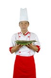 Chef Holding Raw Fish On A Green Plate Stock Photos