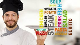 Chef holds a plate with different food and meal names