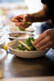 Chef plaquant le gnocchi frais de ricotta dans un restaurant italien image stock Chef plaquant le gnocchi frais de ricotta dans un restaurant italien image stock