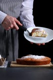 Chef serves the pie on dark background. pie recipe concept royalty free stock photos Chef serves the pie on dark background. pie recipe concept royalty free stock photos