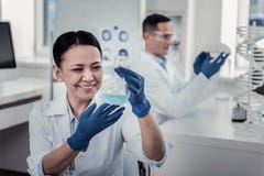 Scientist making the experiment with the flask stock image Scientist making the experiment with the flask stock image