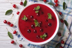 Cherry Cream Soup With Mint Close-up. Horizontal Top View Stock Photo