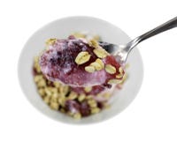 Cherry Yogurt Spoonful Dish noir Images libres de droits Cherry Yogurt Spoonful Dish noir Images libres de droits